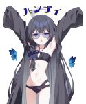  1girl armpits arms_up bikini black_bikini black_hair black_robe blue_archive braid braid_over_shoulder bug butterfly butterfly_hair_ornament clothing_cutout commentary cowboy_shot diamond_cutout eyes_visible_through_eyewear flat_chest grey_eyes grey_halo hair_ornament halo highres kinokomushi kisaki_(blue_archive) kisaki_(swimsuit)_(blue_archive) long_hair long_sleeves looking_at_viewer navel official_alternate_costume official_alternate_hairstyle open_mouth purple-tinted_eyewear ribs robe side_braid simple_background sleeves_past_fingers sleeves_past_wrists solo stomach sunglasses swimsuit tinted_eyewear white_background 