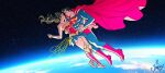  1boy 1girl arm_around_another's_back artist_name bare_shoulders black_hair blue_bodysuit blue_skirt bodysuit boots bracer breasts cape clark_kent commentary couple dc_comics earth_(planet) flying full_body gold_trim hetero highres jen_bartel lasso_of_truth leotard light_smile long_hair looking_at_another medium_breasts midair muscular muscular_male planet red_boots red_cape red_leotard short_hair skirt space superhero_costume superman tiara untranslatable_commentary wonder_woman 