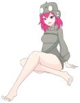  1girl absurdres ahoge barefoot blue_eyes breasts buhanka-chan crimea-kun crossed_legs feet foot_focus helmet highres long_sleeves military military_uniform on_floor original pink_hair purple_eyes red_hair russo-ukrainian_war sidelocks sitting smile solo thick_thighs thighs toes transparent_background uaz-452_(personification) z_(russian_symbol) 