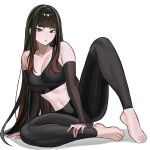  1girl absurdres arm_support barefoot black_hair blunt_bangs breasts commission detached_sleeves english_commentary full_body highres long_hair looking_at_viewer medium_breasts multicolored_hair navel original pants red_eyes red_hair shadow simple_background sitting solo sports_bra streaked_hair sweatpants very_long_hair white_background zeon_(zzeeonn) 