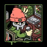  1boy animal_ears beanie black_border border chair commentary cosplay crt dog_boy dog_ears drew_wise english_commentary food furry furry_female game_console green_hoodie hat highres holding holding_microphone hood hood_down hoodie looking_at_viewer looking_back male_focus mf_doom mf_doom_(person) mf_doom_(person)_(cosplay) microphone mm..food orange_hat parappa parappa_the_rapper pizza pizza_slice playstation_1 shelf solo upper_body v 