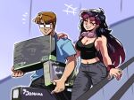  1boy 1girl bare_shoulders black_tank_top blue_shirt blush breasts brown_hair cleavage closed_eyes earrings escalator eyewear_on_head glasses headphones headphones_around_neck highres jewelry long_hair meme multicolored_hair navel original pants shirt short_sleeves sunglasses tank_top tina_fate two-tone_hair 