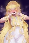  1boy absurdres armlet armpits arms_up belt blonde_hair blush braid circlet colored_eyelashes commentary contrapposto cowboy_shot curtained_hair dress ekrea_jan elden_ring elden_ring:_shadow_of_the_erdtree gold_armlet gold_circlet hair_flowing_over half-closed_eyes half_up_half_down_braid hands_on_own_face head_tilt heart heart-shaped_pupils heavy_breathing high-waist_belt highres jewelry long_hair male_focus miquella_(elden_ring) nose_blush open_mouth parted_hair raised_inner_eyebrows sleeveless sleeveless_dress smile steam symbol-shaped_pupils trap very_long_hair wavy_hair white_dress yandere yandere_trance yellow_eyes 