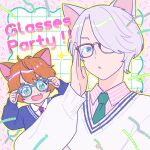  2boys adjusting_eyewear animal_ears aqua-framed_eyewear blue_eyes blue_sweater border brown-framed_eyewear collared_shirt colored_eyelashes commentary_request dog_ears english_text fang glasses gradient_text green_eyes green_necktie grid_background hair_over_one_eye hand_on_eyewear knhl long_bangs long_sleeves looking_at_viewer male_focus multiple_boys necktie open_mouth orange_eyes original outside_border over-rim_eyewear parted_lips partial_commentary pink_border pink_shirt pinstripe_pattern pinstripe_shirt rectangular_eyewear red_necktie semi-rimless_eyewear shirt short_hair sweater upper_body very_short_hair white_background white_hair white_shirt white_sweater 