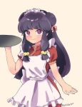  1girl absurdres antlake2000 apron artist_name chinese_clothes commentary_request double_bun hair_bun highres holding holding_tray maid_apron maid_headdress ranma_1/2 red_shirt shampoo_(ranma_1/2) shirt sidelocks simple_background smile solo tray white_apron 