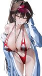  1girl absurdres blue_jacket breasts brown_eyes brown_hair collarbone commentary goddess_of_victory:_nikke highres jacket large_breasts long_hair looking_at_viewer marciana_(marine_study)_(nikke) marciana_(nikke) navel_piercing official_alternate_costume open_clothes open_jacket piercing red_slingshot_swimsuit simple_background slingshot_swimsuit solo soya_(torga) standing swimsuit thighs visor_cap white_background 