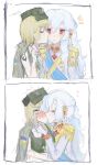  2girls absurdres alpha_(alpha_1918) arm_tattoo bandeau blank_eyes blonde_hair blue_sash blush cross cross_necklace epaulettes fluffy_hair gloves green_bandeau hair_ornament highres ilyviechan jacket jacket_on_shoulders jewelry kiss kissing_cheek long_hair marichka mazepynka military_dress_uniform military_uniform multiple_girls necklace non-web_source original pendant red_eyes sash surprised tattoo tryzub ukrainian_flag very_long_hair white_gloves white_hair yuri 