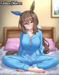  1girl absurdres admire_vega_(umamusume) animal_ears barefoot bed blue_nails blue_pajamas blue_pants blue_shirt blush breasts brown_eyes brown_hair cleavage closed_mouth collarbone commentary crossed_legs ear_covers ear_ornament english_commentary feet hair_between_eyes hat highres horse_ears horse_girl horse_tail indoors large_breasts long_hair long_sleeves looking_at_viewer mob_cap nail_polish nekroz7 on_bed pajamas pants ponytail purple_eyes shirt single_ear_cover sitting solo tail toenail_polish toenails toes umamusume 