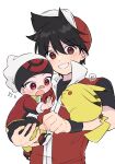  2boys :o aged_down bandaid bandaid_on_face bandaid_on_nose beanie black_hair black_shirt brendan_(pokemon) brown_eyes carrying clenched_hand commentary_request grin hair_between_eyes hat highres jacket long_sleeves male_focus multiple_boys open_mouth pikachu pokemon pokemon_(creature) pokemon_adventures red_(pokemon) red_hat red_vest shirt shoes short_hair short_sleeves smile teeth tsukimi_(tkm_516) vest wristband 