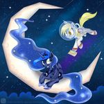  2014 astronaut blonde_hair blue_eyes blue_hair cloud crown derp_eyes derpy_hooves_(mlp) duo equine female flying friendship_is_magic hair horn letter mammal moon my_little_pony necklace pegasus princess_luna_(mlp) space sparkles star swanlullaby winged_unicorn wings yellow_eyes 