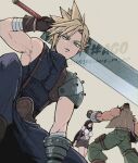  1girl 2boys aqua_eyes armor arms_behind_back bandaged_arm bandages bare_shoulders barret_wallace belt black_gloves black_hair black_skirt blonde_hair blue_pants blue_shirt breasts brown_belt brown_gloves brown_vest clenched_hand cloud_strife commentary_request crop_top dark-skinned_male dark_skin dated elbow_gloves final_fantasy final_fantasy_vii fingerless_gloves gloves green_pants hair_tie holding holding_behind_back holding_sword holding_weapon holding_weapon_behind_back holster large_breasts long_hair low-tied_long_hair miniskirt multiple_boys pants red_gloves sharp_na_ago shirt short_hair shoulder_armor single_bare_shoulder single_shoulder_pad skirt sleeveless sleeveless_shirt sleeveless_turtleneck spiked_hair squatting sword thigh_holster tifa_lockhart torn_clothes torn_sleeves turtleneck twitter_username upper_body very_short_hair vest weapon white_shirt 