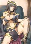  alternate_costume bare_shoulders black_hair blue_eyes book breasts detached_sleeves fire_emblem fire_emblem:_kakusei large_breasts long_hair looking_at_viewer navel shinon_(tokage_shuryou) sitting smile solo spread_legs tharja thighs 