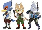  anthro avian belt bird blue_eyes boots brown_fur canine eye_patch eyewear falco_lombardi fox fox_mccloud fur gloves green_eyes grey_fur group gun jacket male mammal mow nintendo pheasant purple_eyes ranged_weapon star_fox video_games weapon wolf wolf_o&#039;donnell 