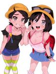  2boys backpack bag black_hair black_shirt blue_shorts blue_skirt bracelet breasts calem_(pokemon) cleavage collarbone commentary_request crime_prevention_buzzer grey_eyes grin hand_up hat highres jewelry looking_up male_focus male_with_breasts multiple_boys off-shoulder_shirt off_shoulder open_mouth paxton_(pokemon) pleated_skirt pokemon pokemon_legends:_z-a pokemon_x_and_y red_bag sana_(37pisana) shirt shorts simple_background skirt smile sparkle striped_clothes striped_thighhighs sweatdrop teeth thighhighs tongue white_background yellow_hat 