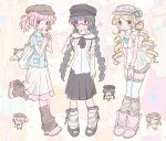  3girls :< :d akemi_homura artist_name backpack bag black_hair blonde_hair blush boots braid casual chibi chibi_inset detached_sleeves dress drill_hair frilled_dress frills g_hywon glasses hair_ornament hat highres interlocked_fingers kaname_madoka leg_up light_smile long_skirt looking_at_another looking_at_viewer mahou_shoujo_madoka_magica mahou_shoujo_madoka_magica_(anime) multiple_girls pink_eyes pink_hair purple_eyes red-framed_eyewear semi-rimless_eyewear shoes side-by-side skirt sleeveless sleeveless_dress smile socks standing thighhighs tomoe_mami twin_braids twintails yellow_eyes 