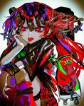  1girl absurdres black_shirt bon_rinbasu commentary ear_piercing hand_on_own_cheek hand_on_own_face highres long_hair looking_to_the_side miniskirt original piercing red_eyes red_hair red_nails shirt short_sleeves skirt solo tongue tongue_out y2k_fashion 