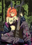  1girl animal_ear_hairband animal_ears arm_support arm_tattoo black_bra black_choker black_jacket black_shoes blue_eyes bra breasts cargo_pants chest_tattoo choker cleavage collar commentary_request ear_piercing earrings electric_guitar eyebrow_piercing face_piercing facial_tattoo fake_animal_ears guitar hair_between_eyes hairband highres instrument jacket jewelry laika2slip lip_piercing medium_breasts multiple_earrings multiple_rings navel neck_tattoo off_shoulder orange_hair original pants piercing rabbit_ear_hairband rabbit_ears red_collar ring shoes shoulder_tattoo sitting solo stomach_tattoo stud_earrings tattoo underwear 