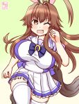  1girl ahoge alternate_breast_size_(larger) animal_ears blush bow bowtie breasts brown_eyes brown_hair commentary_request fang feet_out_of_frame green_background hair_between_eyes horse_ears horse_girl horse_tail horseshoe_ornament kanon_(kurogane_knights) kantai_collection kuma_(kancolle) large_breasts long_hair looking_at_viewer one-hour_drawing_challenge one_eye_closed open_mouth pleated_skirt purple_bow purple_bowtie purple_sailor_collar purple_serafuku purple_shirt running sailor_collar school_uniform serafuku shirt skirt smile solo standing standing_on_one_leg summer_uniform tail thighhighs tracen_school_uniform umamusume white_sailor_collar white_skirt white_thighhighs 