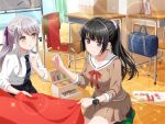  2girls bag bang_dream! bang_dream!_girls_band_party! black_hair black_socks blue_bag blue_necktie blue_skirt box breasts brown_serafuku brown_shirt brown_skirt chair classroom closed_mouth collared_shirt curtains day desk diagonal-striped_clothes diagonal-striped_necktie fabric folder grey_hair hair_ornament hair_ribbon hair_scrunchie holding holding_sewing_needle indoors long_hair long_sleeves looking_at_another looking_at_object medium_breasts minato_yukina mirror multiple_girls neck_ribbon necktie needle official_art parted_lips pincushion pleated_skirt ponytail purple_eyes purple_ribbon red_ribbon ribbon sailor_collar school_bag school_chair school_desk school_uniform scissors scrunchie serafuku sewing_kit sewing_needle sewing_pin shirokane_rinko shirt sitting skirt sleeves_rolled_up smile socks sparkle striped_clothes striped_necktie swing third-party_source thread three-quarter_sleeves unworn_bag white_sailor_collar white_scrunchie white_shirt whiteboard window wooden_floor yellow_eyes 