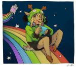  1girl animal_ears antlers antonymph blonde_hair buck_teeth cat commentary cosplay deer_antlers deer_ears deer_girl deltarune english_commentary freckles gir_(dog_costume)_(invader_zim) gir_(invader_zim) gir_(invader_zim)_(cosplay) green_hoodie handheld_game_console headphones headphones_around_neck holding holding_handheld_game_console hood hoodie hooves horns invader_zim looking_at_viewer meme nintendo_ds noelle_holiday nyan_cat pop_tart rainbow siivagunner space star_(sky) teeth utdr_(toby_fox) vylet_pony yellow_eyes zjedz-goffra 