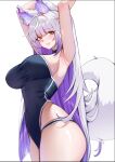  1girl animal_ears armpits arms_up artist_request bare_arms black_border blue_one-piece_swimsuit blunt_bangs blush border breasts commentary covered_navel cowboy_shot english_commentary fox_ears fox_tail from_side halterneck highleg highleg_one-piece_swimsuit impossible_clothes indie_virtual_youtuber lipstick long_hair looking_at_viewer makeup one-piece_swimsuit pink_lips sideboob simple_background solo standing static_background swimsuit tail thick_thighs thighs very_long_hair virtual_youtuber white_background white_hair yellow_eyes zaikiai 