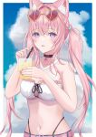  1girl absurdres animal_ears antenna_hair bare_shoulders belt bikini black_choker blue_shorts blue_sky blush braid breasts brown-tinted_eyewear choker cloud cloudy_sky commentary_request crown_braid day fang fingernails hair_intakes hakui_koyori heart heart-shaped_eyewear heart_collar highres holding hololive large_breasts long_hair looking_at_viewer nail_polish navel open_mouth outdoors pink_belt pink_hair pink_nails purple_eyes serin_(zersk_04) shorts skin_fang sky solo stomach swimsuit thighs tinted_eyewear virtual_youtuber white_bikini wolf_ears wolf_girl yellow-framed_eyewear 
