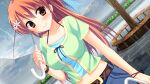 1girl ayamisiro bench blue_pants blue_shirt bow brick_floor brown_eyes brown_hair closed_mouth collarbone crop_top cropped_jacket dutch_angle flower_hairclip game_asset grass green_jacket hair_bow holding holding_umbrella jacket light_smile long_hair looking_at_viewer natsu_koi_high_pressure non-web_source ocean official_art open_clothes open_jacket outdoors pants post_and_rail_fence rain road shinonome_misaki shirt short_sleeves sky standing tree umbrella 