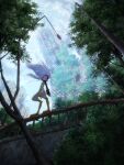  animal_feet bird_legs breasts building full_body highres key_visual long_hair long_sleeves looking_at_viewer monster_girl official_art overalls overgrown promotional_art red_eyes reverse-jointed_legs ruins small_breasts toratsugumi white_hair 