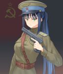  absurdres aqua_eyes belt blue_hair brown_belt commentary commission english_commentary flag_background green_hat green_jacket gun handgun hat highres holding holding_gun holding_weapon jacket leochan1202 long_hair looking_at_viewer military military_rank_insignia military_uniform original peaked_cap ponytail sam_browne_belt shoulder_boards sidelocks soviet_army soviet_flag tokarev_tt-33 trigger_discipline upper_body weapon world_war_ii 