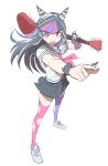  1girl asymmetrical_legwear black_hair black_nails black_sailor_collar black_skirt blue_hair blue_streaks collared_shirt commentary danganronpa_(series) danganronpa_2:_goodbye_despair ear_piercing elbow_gloves english_commentary eyelashes fingerless_gloves fingernails full_body gloves guitar hair_horns highres holding holding_guitar holding_instrument instrument legs_apart long_hair mioda_ibuki mismatched_legwear mismatched_thighhighs multicolored_gloves multicolored_hair nail_polish neckerchief open_mouth outstretched_arm piercing pink_eyes pink_hair pink_neckerchief pink_streaks pointing qosic sailor_collar school_uniform scrunchie serafuku shirt shoelaces shoes signature simple_background single_elbow_glove single_fingerless_glove skirt smile solo standing streaked_hair striped_clothes striped_gloves teeth thighhighs torn_clothes torn_thighhighs two-tone_gloves upper_teeth_only v-shaped_eyebrows white_background white_hair white_shirt white_shoes wrist_scrunchie 