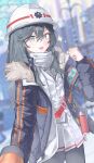 1girl absurdres armband black_hair black_pantyhose blue_archive blue_armband blue_halo blue_jacket blurry blurry_background building commentary cowboy_shot green_eyes halo hand_up hard_hat helmet highres hokori1207 holding holding_megaphone jacket lamppost long_hair long_sleeves looking_at_viewer megaphone minori_(blue_archive) open_clothes open_mouth outdoors pantyhose pleated_skirt scarf skirt solo urban white_helmet white_scarf white_skirt 