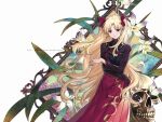  1girl blonde_hair bow commentary crossed_arms earrings ereshkigal_(fate) ereshkigal_(youming_niangniang)_(fate) fate/grand_order fate_(series) flower hair_bow jewelry long_hair looking_at_viewer nail_polish official_alternate_costume parted_bangs parted_lips picture_frame red_bow red_eyes red_nails red_skirt skirt skull solo very_long_hair web_address white_flower yaoshi_jun 