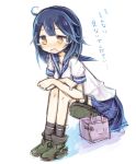  1girl amakaze_sora black_socks blue_hair blue_sailor_collar blue_skirt blush breasts brown_eyes crossed_arms full_body green_shoes kantai_collection leaning_forward medium_breasts nose_blush open_mouth pleated_skirt puffy_short_sleeves puffy_sleeves sailor_collar shirt shoes short_sleeves simple_background sitting sketch skirt socks solo tears translation_request ushio_(kancolle) wavy_mouth white_background white_shirt 