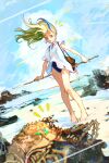  1girl absurdres bag bandaged_leg bandages barefoot beach blonde_hair blue_eyes blue_hair blue_one-piece_swimsuit commentary_request earrings eudetenis floating_hair full_body green_hair highres holding holding_polearm holding_weapon jewelry lobster multicolored_eyes multicolored_hair ocean one-piece_swimsuit original outdoors parted_lips pigeon-toed polearm sand shirt short_sleeves solo surprised swimsuit swimsuit_under_clothes torn_clothes torn_sleeve waves weapon white_shirt yellow_eyes 