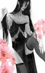  1boy alternate_costume alternate_hairstyle androgynous bare_shoulders black_dress black_hair blush closed_mouth collarbone crossdressing crossdressing_(mtf) dress english_commentary feet_out_of_frame flower glassbearer grandmaster_of_demonic_cultivation greyscale hair_between_eyes hair_down hand_in_own_hair hand_on_own_leg highres holding lace-trimmed_dress lace_trim leg_up light_smile lipstick long_hair looking_at_viewer makeup male_focus monochrome off_shoulder pelvic_curtain pink_flower side_slit sidelocks simple_background sleeveless sleeveless_dress solo spot_color straight_hair thighhighs thighs undressing very_long_hair wei_wuxian white_background 