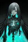  1girl absurdres aqua_hair black_background black_eyes black_hair braid closed_mouth colored_inner_hair commentary damaged empty_eyes gi_ra1 highres long_hair looking_at_viewer mechabare mechanical_arms mechanical_spine multicolored_hair parted_bangs punishing:_gray_raven selena_(pgr) single_braid solo untranslatable_commentary very_long_hair 