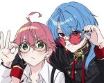  2girls adjusting_eyewear ahoge black_nails blue_hair closed_mouth curtained_hair earrings fingernails green_eyes grin hair_over_shoulder hand_up hololive hoshimachi_suisei hoshimachi_suisei_(oriental_suit) jewelry long_hair long_sleeves looking_at_viewer multiple_girls nail_polish pink_hair red_eyes round_eyewear sakura_miko short_hair simple_background smile sunglasses virtual_youtuber white_background yaya_(pi63925174) 