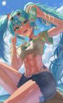  1girl abs absurdres aqua_eyes aqua_hair bikini bikini_under_skirt blue_bikini blue_shorts blue_sky blush brazilian_flag brazilian_flag_print brazilian_miku breasts can cloud commentary_request cropped_shirt dark-skinned_female dark_skin drink_can eyewear_on_head flag_print flower hair_flower hair_ornament hatsune_miku highleg highleg_bikini highres holding holding_can koron_kou long_hair looking_at_viewer medium_breasts open_mouth red_flower shirt short_shorts shorts side-tie_bikini_bottom sky smile soda_can solo sun sunglasses swimsuit teeth tied_shirt toned toned_female upper_teeth_only very_long_hair vocaloid yellow_shirt 