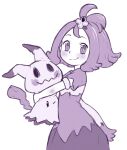  1girl :3 acerola_(pokemon) armlet beachepisode blush closed_mouth commentary dress eyelashes hair_ornament highres holding holding_pokemon jewelry medium_hair mimikyu monochrome one_eye_closed pokemon pokemon_(creature) pokemon_sun_and_moon purple_theme short_sleeves simple_background smile split_mouth topknot white_background 