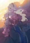  1girl alternate_costume black_dress black_hairband breasts cleavage commentary_request dress female_corrin_(fire_emblem) fire_emblem fire_emblem_fates frilled_sleeves frills grey_hair hair_between_eyes hair_ornament hairband highres huge_breasts long_hair long_sleeves nokishita_negio pointy_ears puffy_sleeves red_eyes sitting small_head solo very_long_hair 