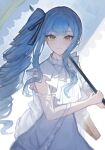  1girl absurdres bag bang_dream! bang_dream!_it's_mygo!!!!! blue_hair brown_bag closed_mouth commentary dress drill_hair highres holding holding_weapon linkr long_hair looking_at_viewer side_drill sidelocks solo togawa_sakiko weapon white_dress yellow_eyes 