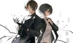  1boy 1girl adjusting_clothes adjusting_gloves adjusting_necktie aqua_eyes black_gloves black_hair black_jacket black_necktie black_shirt breasts brown_hair closed_mouth collared_shirt commentary_request eren_yeager gloves grey_eyes hair_between_eyes highres jacket liu_ruo medium_breasts mikasa_ackerman necktie parted_bangs shingeki_no_kyojin shirt short_hair sketch suit_jacket turtleneck upper_body white_background white_shirt 