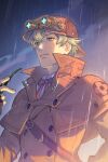  1boy absurdres ace_attorney belt belt_buckle black_gloves blonde_hair blue_eyes brown_belt brown_capelet brown_coat buckle buttons capelet closed_mouth coat collared_shirt deerstalker detective double-breasted fingerless_gloves flower_symbol gloves goggles goggles_on_head goggles_on_headwear hair_between_eyes hand_up hat herlock_sholmes high_collar highres holding holding_smoking_pipe light_smile lilimogi07 long_sleeves looking_ahead male_focus neck_ribbon night outdoors pink_ribbon rain ribbon shirt short_hair shoulder_belt sidelighting smoking_pipe solo the_great_ace_attorney upper_body 