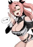  1girl absurdres bare_shoulders black_ribbon black_shorts breasts cleavage clothing_cutout commentary_request cowboy_shot crop_top cutoffs green_eyes hair_ornament hair_ribbon hairclip hand_up highres korean_commentary large_breasts long_hair long_sleeves looking_at_viewer micro_shorts midriff mole navel nicole_demara open_mouth pink_hair radon86_nya ribbon short_shorts shorts shoulder_cutout simple_background smile solo stomach strapless thighs tube_top two_side_up white_background zenless_zone_zero 