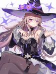 1girl absurdres ascot bare_shoulders black_dress black_hat breasts commentary_request detached_sleeves dress flower grey_hair hat hat_flower herta_(honkai:_star_rail) highres honkai:_star_rail honkai_(series) jewelry key key_necklace long_hair looking_at_viewer medium_breasts necklace onihasotooooo pantyhose purple_eyes purple_flower purple_hat purple_nails purple_ribbon ribbon signature sitting smile strapless strapless_dress the_herta_(honkai:_star_rail) very_long_hair white_ascot witch_hat 