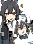  ? ahoge arknights arknights:_endfield black_hair blue_horns blue_jacket blush brown_eyes chen_qianyu_(arknights) child's_drawing dokmin dragon_girl dragon_horns dragon_tail eastern_dragon_horns endministrator_(arknights) flower furrowed_brow gloves highres horns jacket multicolored_gloves parted_bangs pen sketch smug tail thick_eyelashes tongue tongue_out toon_(style) twintails two-sided_gloves two-tone_gloves 