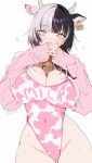  1girl absurdres animal_ears animal_print anska ass_visible_through_thighs bare_shoulders bell black_hair blush breasts chromatic_aberration closed_mouth commentary covered_navel cow_ears cow_girl cow_horns cow_print cow_print_leotard cowbell detached_sleeves ear_tag english_commentary eyelashes fingernails grey_hair groin heart highres hololive hololive_english horns huge_breasts interlocked_fingers leotard long_hair long_sleeves looking_at_viewer multicolored_hair nail_polish neck_bell own_hands_together pink_leotard pink_nails pink_sleeves shiori_novella simple_background sleeves_past_wrists smile solo split-color_hair sweat thighs two-tone_hair virtual_youtuber white_background yellow_eyes 