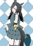 1girl absurdres air_shakur_(umamusume) alternate_costume alternate_hairstyle animal_ears back black_hair black_hairband blue_background blue_dress blue_umbrella bow checkered_background closed_umbrella commentary_request cowboy_shot dress eyebrow_piercing face_piercing frilled_dress frilled_hairband frilled_sleeves frills from_behind grey_thighhighs hairband highres holding holding_umbrella horse_ears horse_girl horse_tail kei_ivi lolita_fashion long_hair looking_at_viewer looking_back open_mouth piercing sharp_teeth smile solo tail teeth thighhighs twintails umamusume umbrella white_background yellow_bow yellow_eyes 