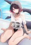  1girl absurdres alternate_costume black_choker black_hair breasts choker cleavage colored_inner_hair commentary ellen_joe english_commentary fins fish_tail highres large_breasts looking_at_viewer mole mole_under_eye multicolored_hair nail_polish one-piece_swimsuit pool poolside red_eyes red_nails shark_girl shark_tail shirt short_hair sitting solo swimsuit swimsuit_under_clothes tail toenail_polish toenails vitaminechan wariza water wet wet_clothes wet_shirt zenless_zone_zero 