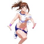  1girl bare_arms blue_shorts blush bouncing_breasts breasts brown_eyes brown_hair collarbone embarrassed foot_out_of_frame game_asset groin gym_shorts gym_uniform high_ponytail holding_relay_baton ikkitousen ikkitousen_extra_burst knee_up large_breasts long_hair looking_at_viewer midriff navel non-web_source official_art outstretched_arms panties parted_lips pink_panties ponytail relay_baton running self-datamine shirt shoes shorts sideboob sidelocks simple_background sneakers solo spread_arms t-shirt tied_shirt torn_clothes torn_shirt torn_shorts transparent_background underboob underwear variant_set white_shirt white_shoes wristband yagyu_mitsuyoshi_(ikkitousen) 